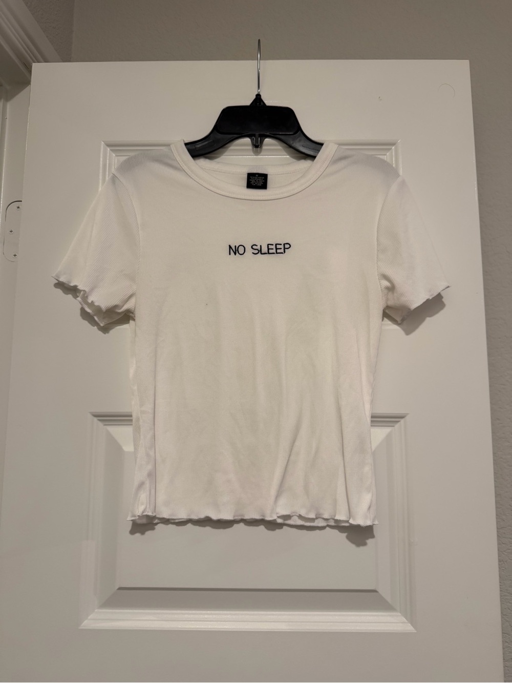 White No Sleep Embroidered Ribbed Baby Tee Size M Y2K